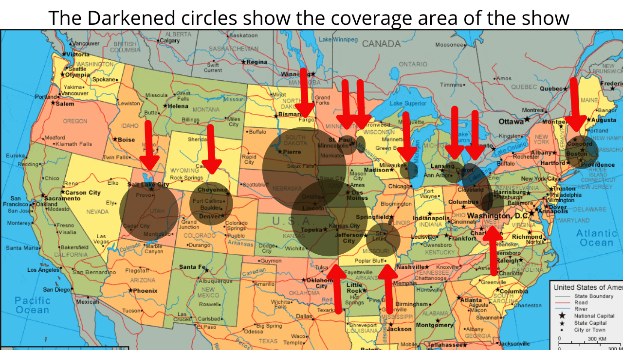 The Darkened circles shows the coverage area of the show (2)